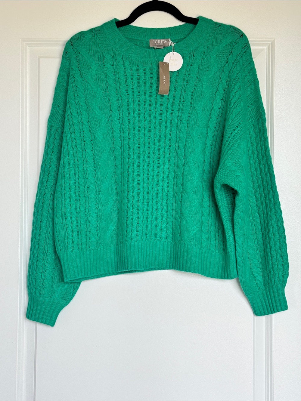 NWT J. CREW 100% Cashmere cable-knit blouson-sleeve sweater bright kelly M CT933